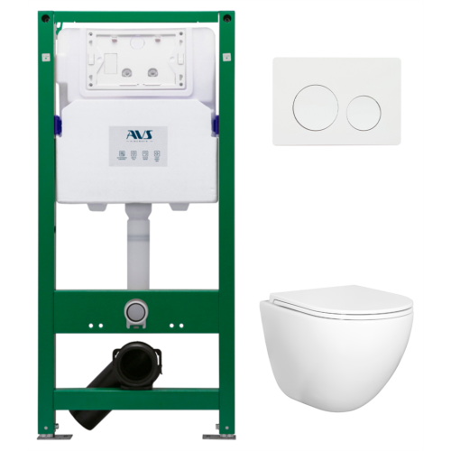 Комплект AVS 3в1: Инсталляция для унитаза 809-0006-7732C + Унитаз подвесной 801-0045-P-T2-GW + Клавиша смыва 809-0012-GW белая, круглые кнопки
