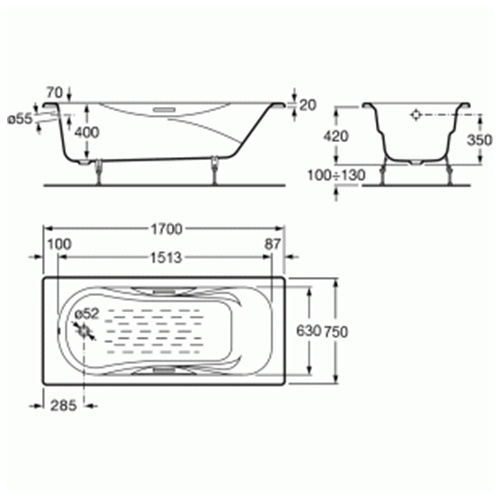 Чугунная ванна 1700х750 Malibu Roca 7.2309.G.000.R