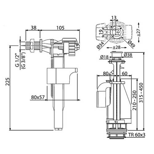 Арматура для унитаза 1/2 двойной смыв металл Alcaplast SA08K