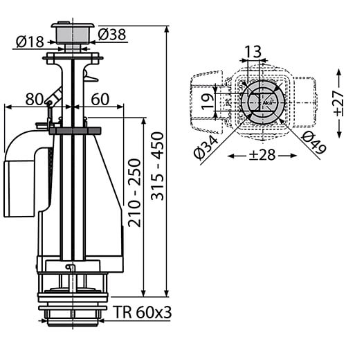 Сливной механизм двойной кнопка Alcaplast A08=A08A