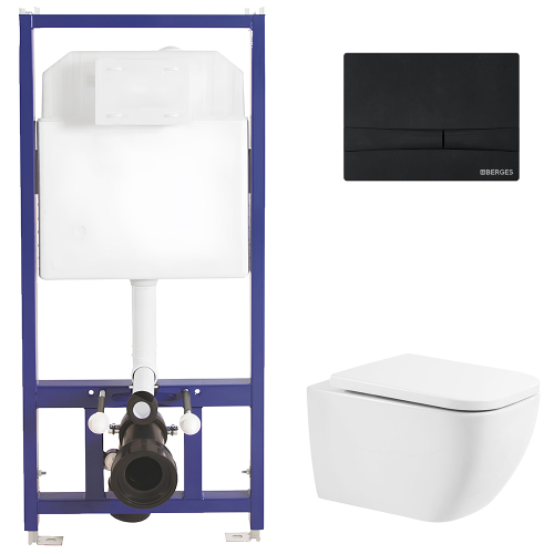 Комплект BelBagno 3в1: Инсталляция Berges 040000 + Унитаз подвесной BB10100CHR + Кнопка смыва Berges 040055 черная матовая
