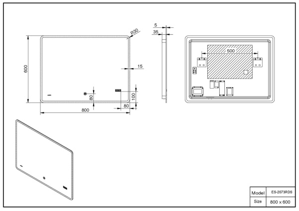 Зеркало 800х600 Led антизапотевание часы Esbano ES-2073RDS Зеркало 800х600 Led антизапотевание часы Esbano ES-2073RDS
