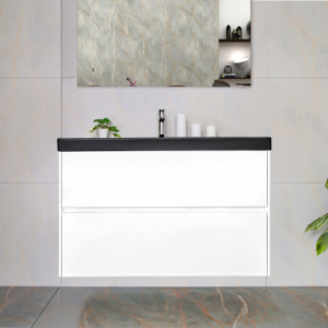 Тумба с раковиной AVS Вернисаж 100 белая глянцевая (раковина черная), подвесная 2 ящика